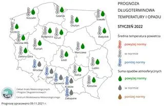 Prognoza średniej miesięcznej temperatury powietrza i miesięcznej sumy opadów atmosferycznych na styczeń 2022 r. dla wybranych miast w Polsce