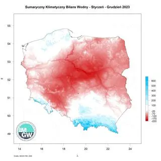 Przestrzenny rozkład klimatycznego bilansu wodnego w okresie styczeń-grudzień 2023 r.