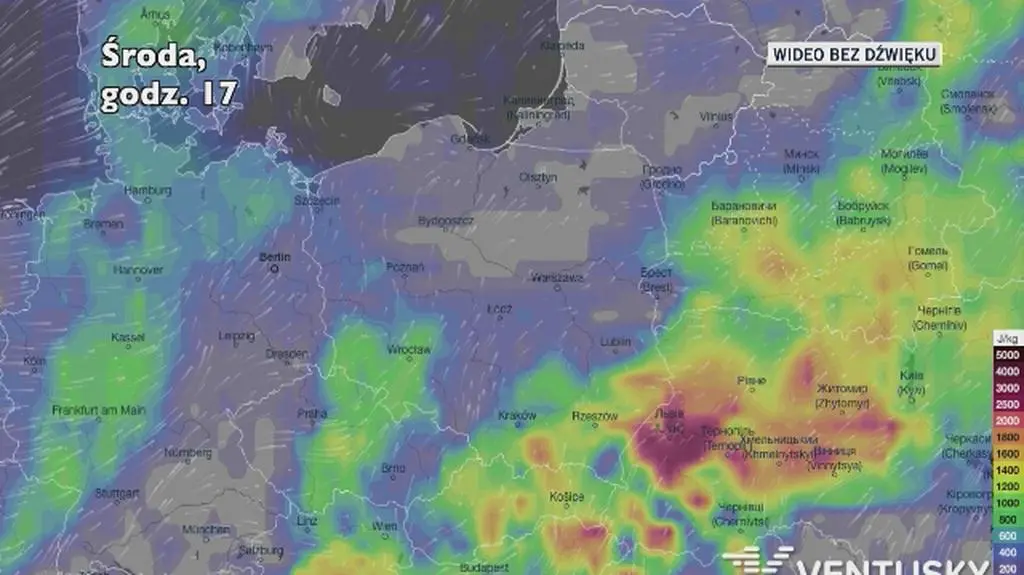 Potencjalny rozwój burz w ciągu najbliższych pięciu dni (Ventusky