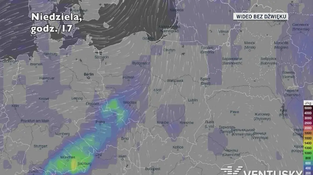 Potencjalne miejsca rozwoju burz w najbliższych dniach (Ventusky