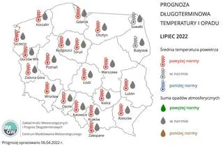 Prognoza średniej miesięcznej temperatury powietrza i miesięcznej sumy opadów atmosferycznych na lipiec 2022 r. dla wybranych miast w Polsce
