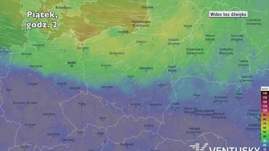 Prognozowane porywy wiatru w najbliższych dniach (Ventusky