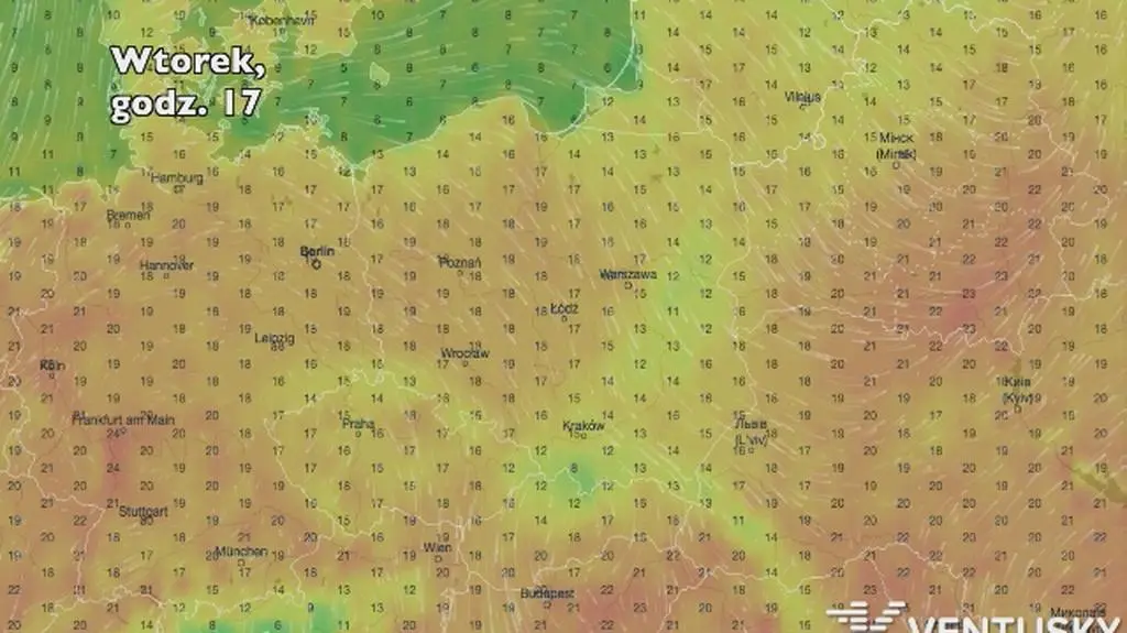 Temperatury w ciągu najbliższych dni (Ventusky