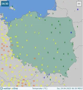 Temperatura w Polsce 29.04.2023 ok. godz. 6.30