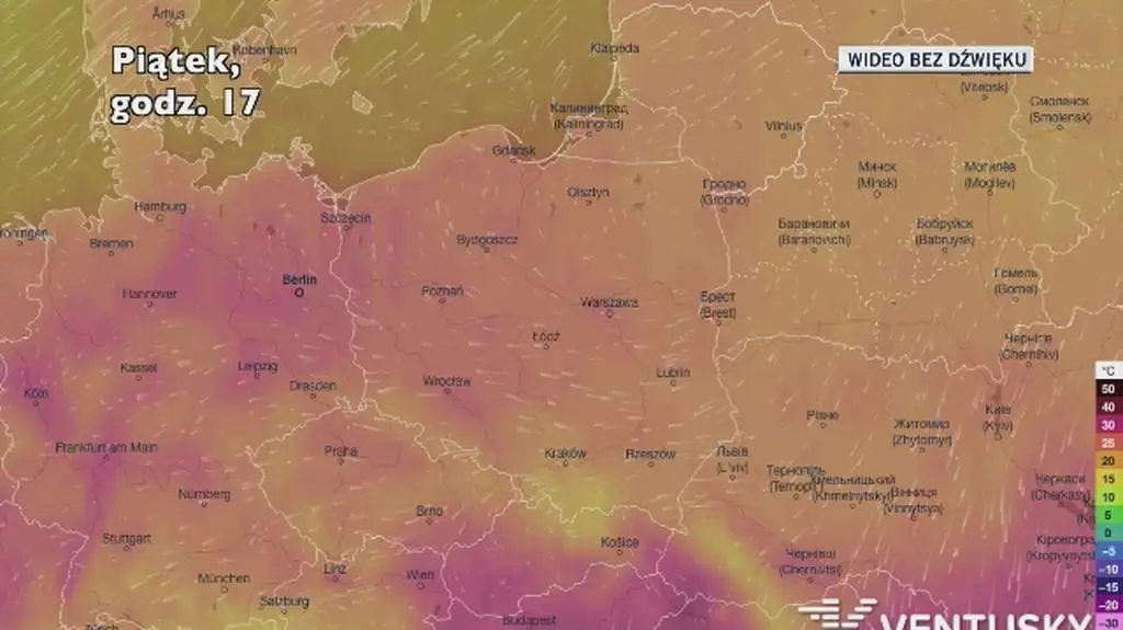 Temperatura w ciągu kolejnych pięciu dni (Ventusky
