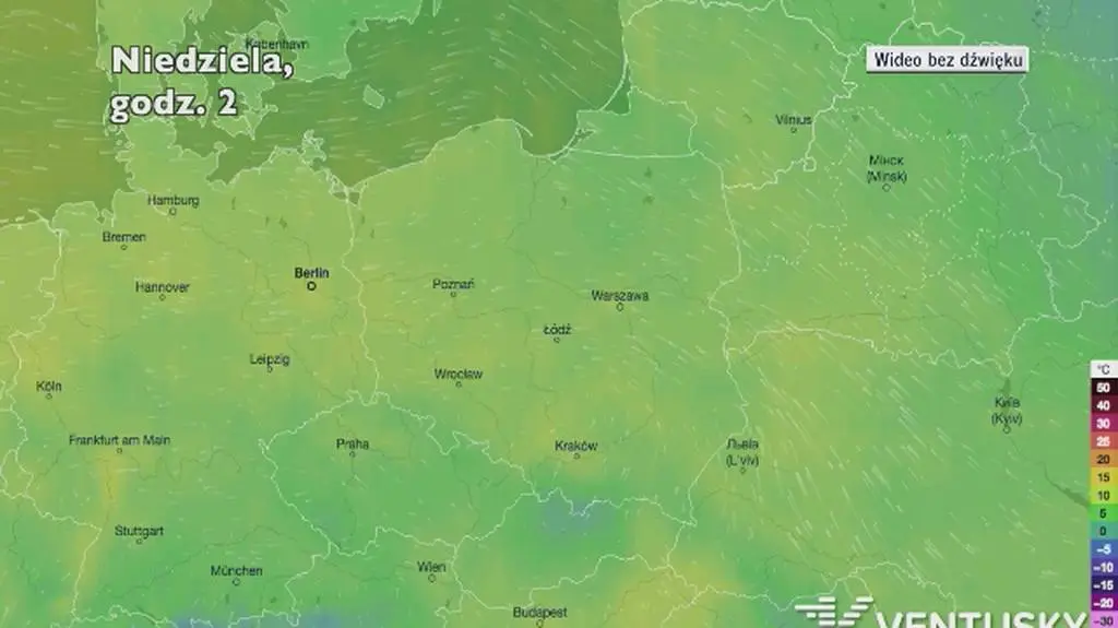 Prognozowana temperatura w następnych dniach (Ventusky