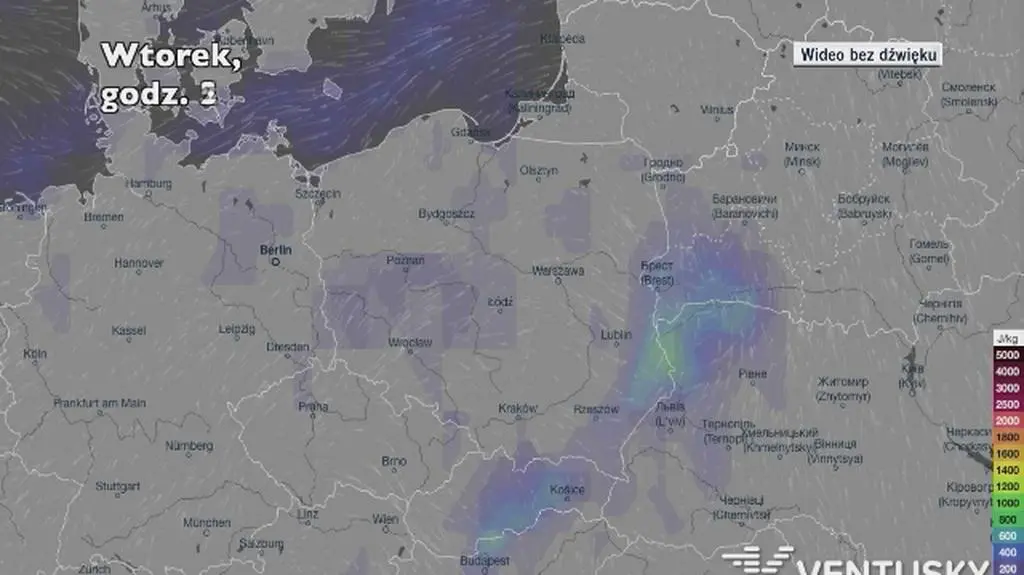 Potencjalny rozwój burz w ciągu najbliższych godzin (Ventusky