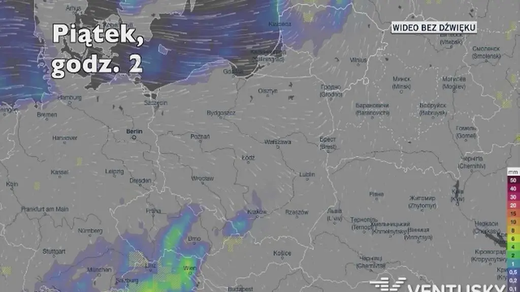 Opady deszczu w ciągu kolejnych pięciu dni (Ventusky