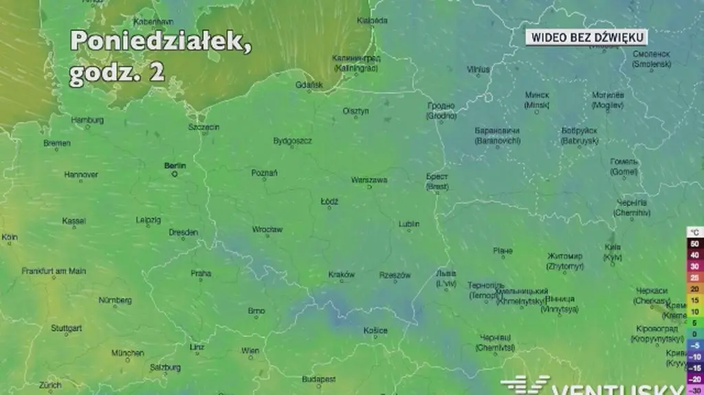 Prognozowana temperatura w ciągu kolejnych dni (Ventusky