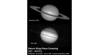 Saturn podczas "zniknięcia" pierścieni w 1995 roku (na dole) uchwycony przez Teleskop Hubble'a