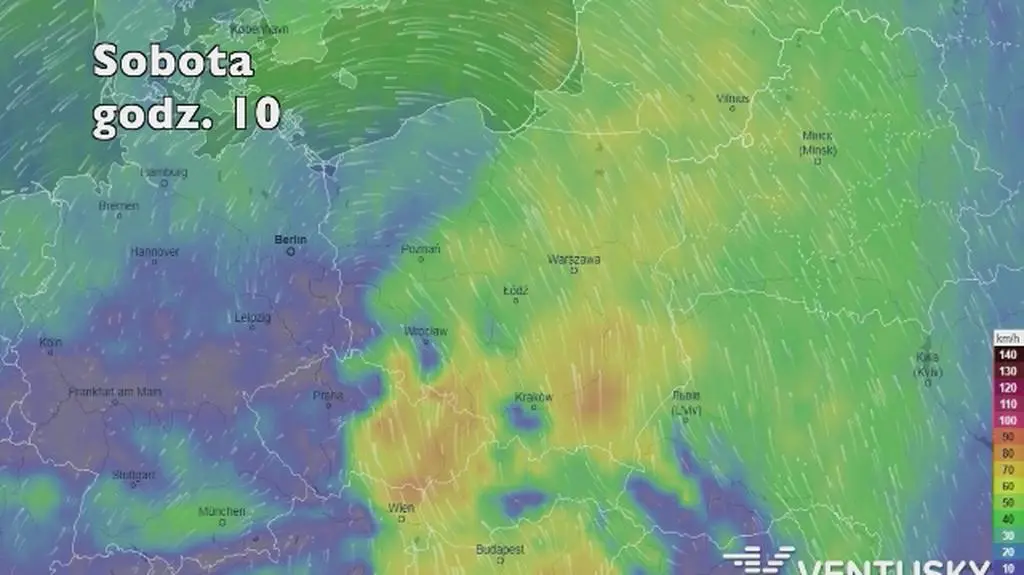 Prędkość porywów wiatru w najbliższych dniach (ventusky