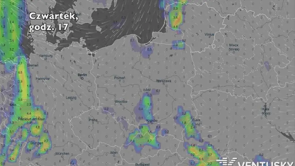 Opady deszczu w ciągu najbliższych pięciu dni (Ventusky
