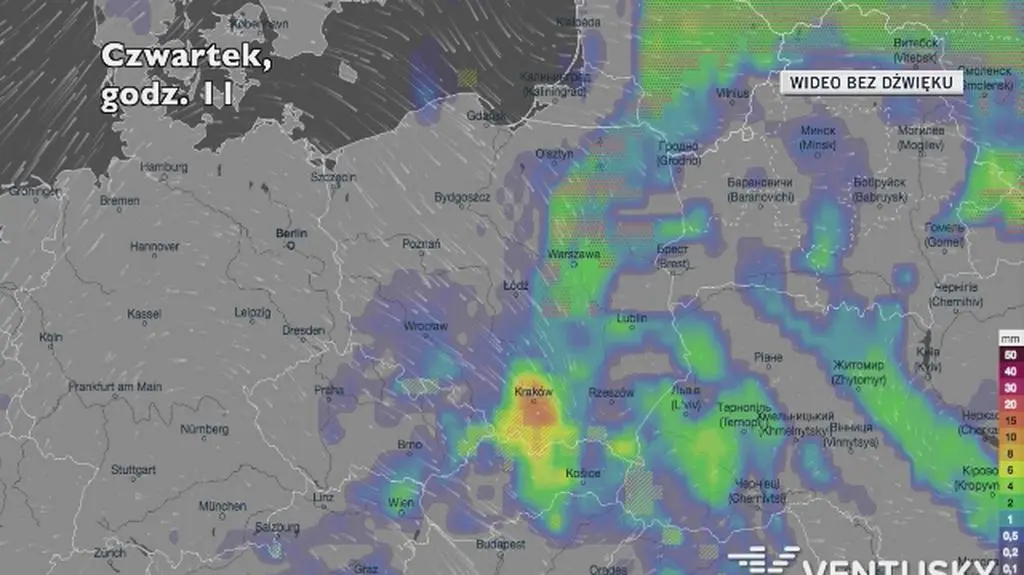 Opady w ciągu najbliższej doby (Ventusky