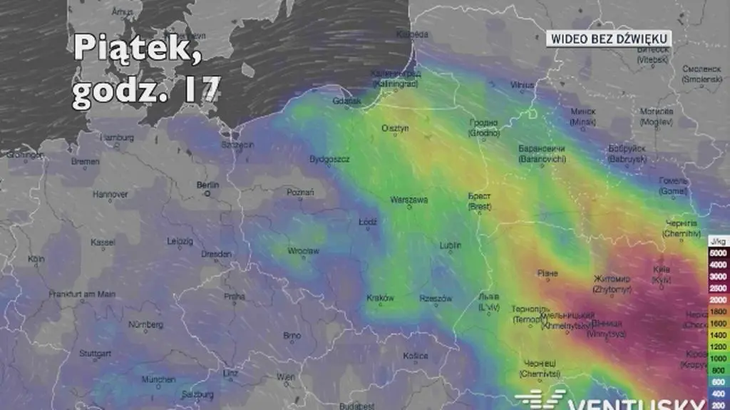 Potencjalne miejsca rozwoju burz w najbliższych godzinach (Ventusky