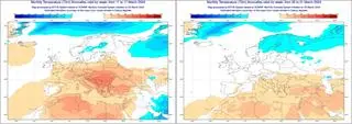 Prognoza odchylenia temperatury od średniej w dniach 11-17 marca oraz 25-31 marca