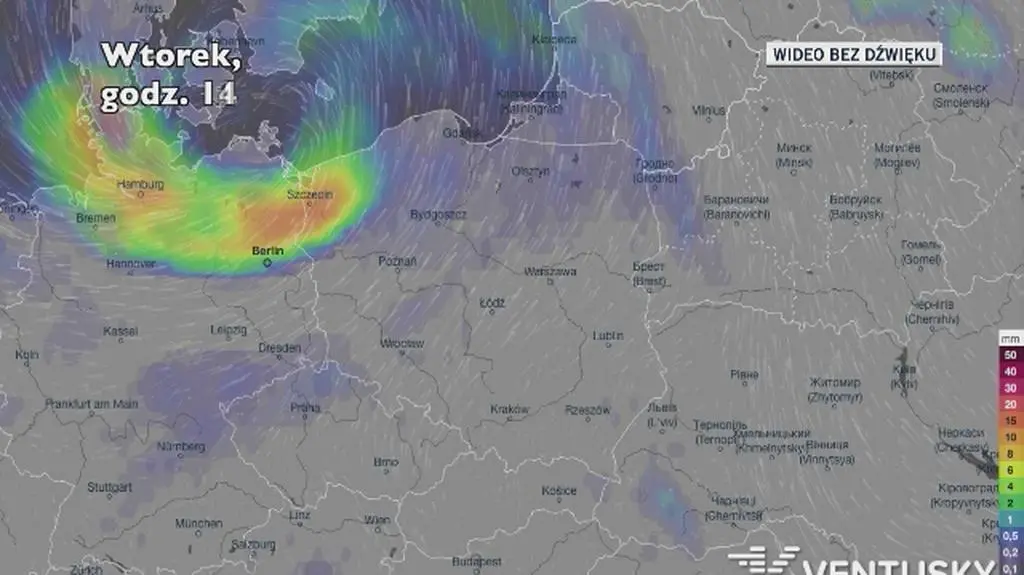 Prognozowane opady deszczu w ciągu pięciu dni (Ventusky
