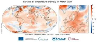 Anomalia temperatury powietrza na wysokości 2 metrów dla marca 2024 r. względem średniej z lat 1991-2020