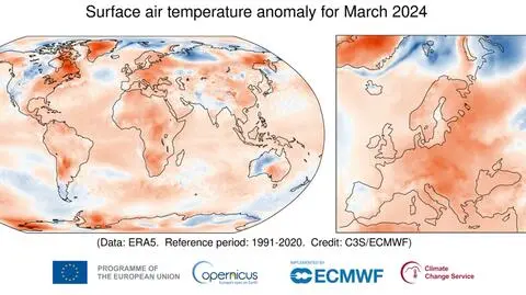 Anomalia temperatury powietrza na wysokości 2 metrów dla marca 2024 r. względem średniej z lat 1991-2020