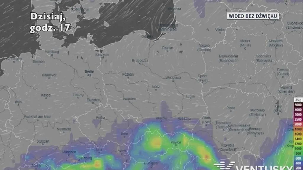 Potencjalny rozwój burz w ciągu najbliższych godzin (Ventusky