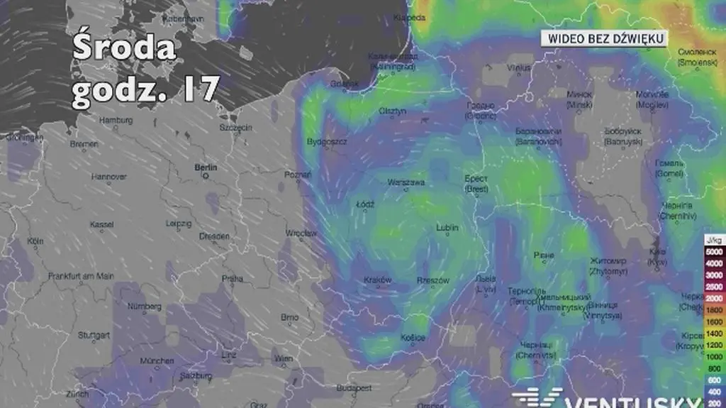 Potencjalny rozwój burz w ciągu najbliższych godzin (Ventusky