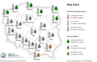 Prognoza średniej miesięcznej temperatury powietrza i miesięcznej sumy opadów atmosferycznych na maj 2023 r. dla wybranych miast w Polsce