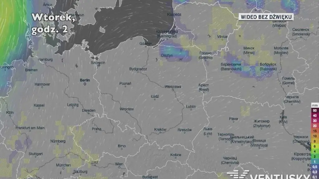 Prognozowane opady w najbliższych dniach (Ventusky