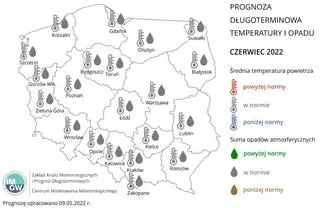 Prognoza średniej miesięcznej temperatury powietrza i miesięcznej sumy opadów atmosferycznych na czerwiec 2022 r. dla wybranych miast w Polsce
