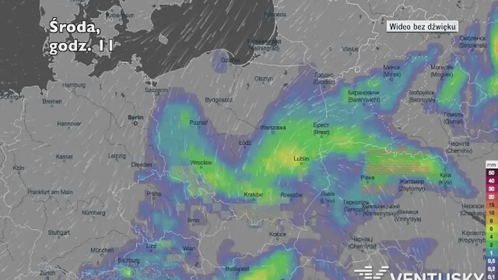 Prognozowane opady deszczu w najbliższych godzinach (Ventusky