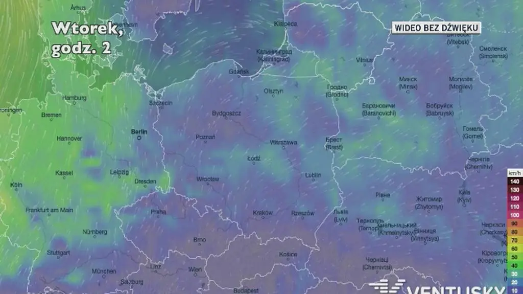 Prognozowane porywy wiatru w najbliższych dniach (Ventusky
