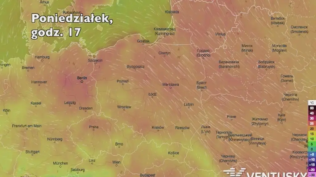 Temperatura w ciągu w kolejnych pięciu dni (Ventusky