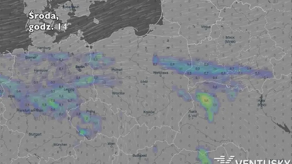 Opady deszczu w ciągu najbliższych pięciu dni (Ventusky
