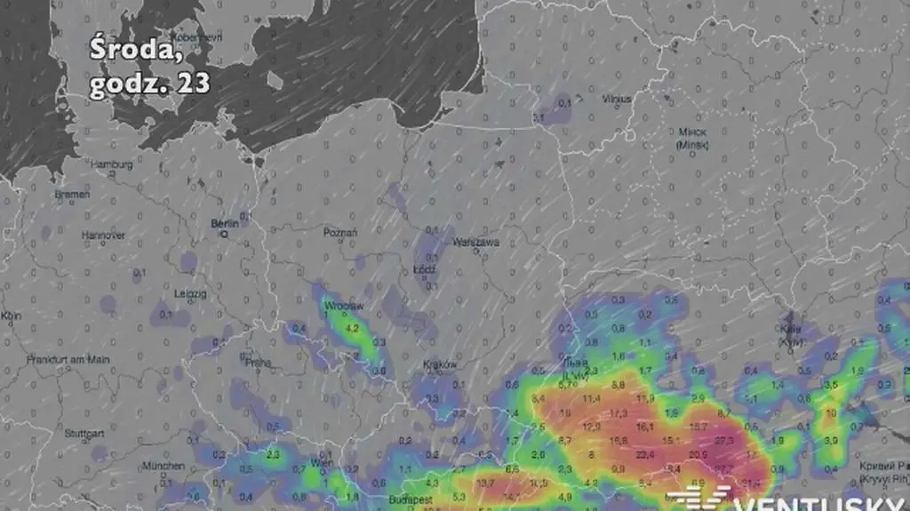 Rozwój opadów deszczu w ciągu najbliższych pięciu dni (Ventusky