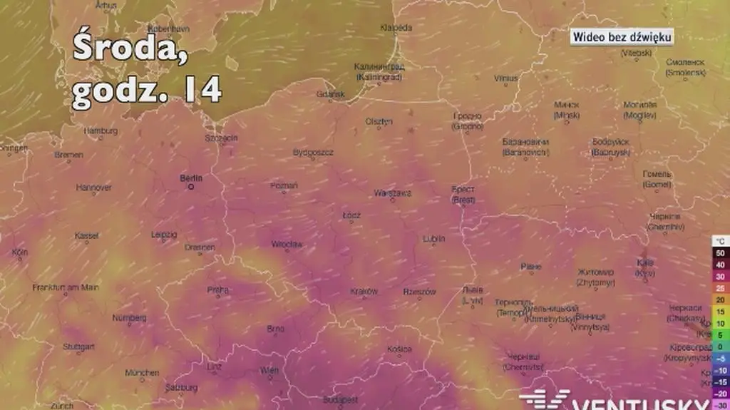 Temperatura w ciągu kolejnych pięciu dni (Ventusky