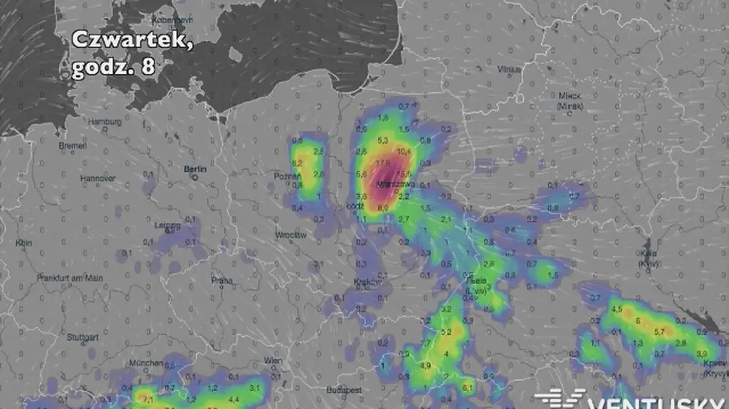 Opady w ciągu najbliższych pięciu dni (Ventusky