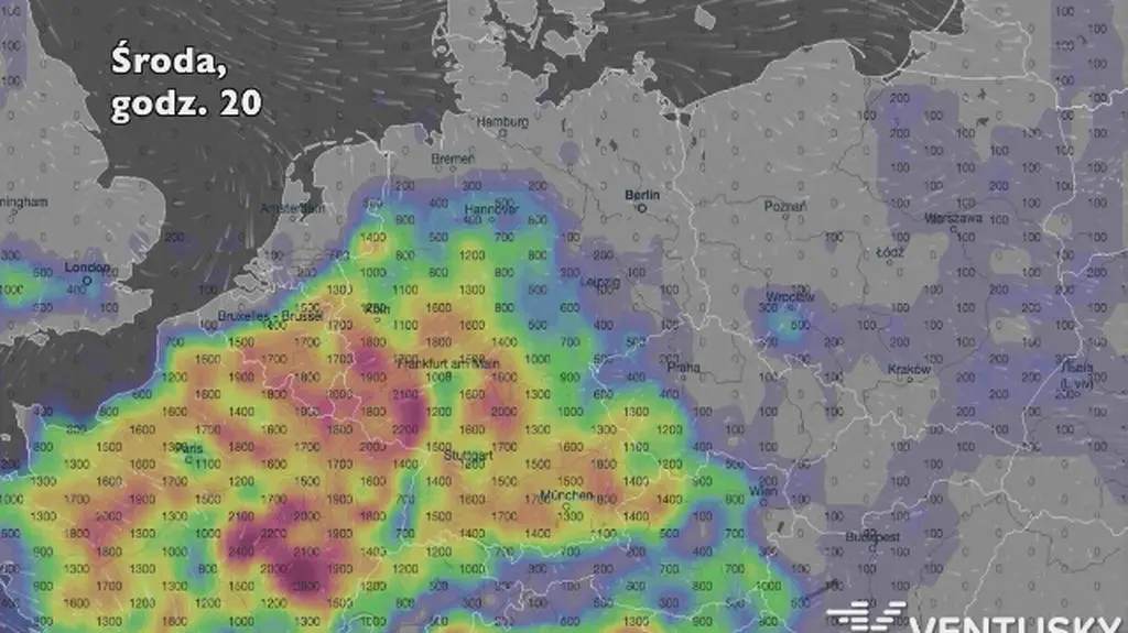 Potencjalny rozwój burz w Niemczech w środę (Ventusky