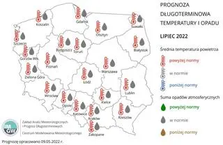 Prognoza średniej miesięcznej temperatury powietrza i miesięcznej sumy opadów atmosferycznych na lipiec 2022 r. dla wybranych miast w Polsce