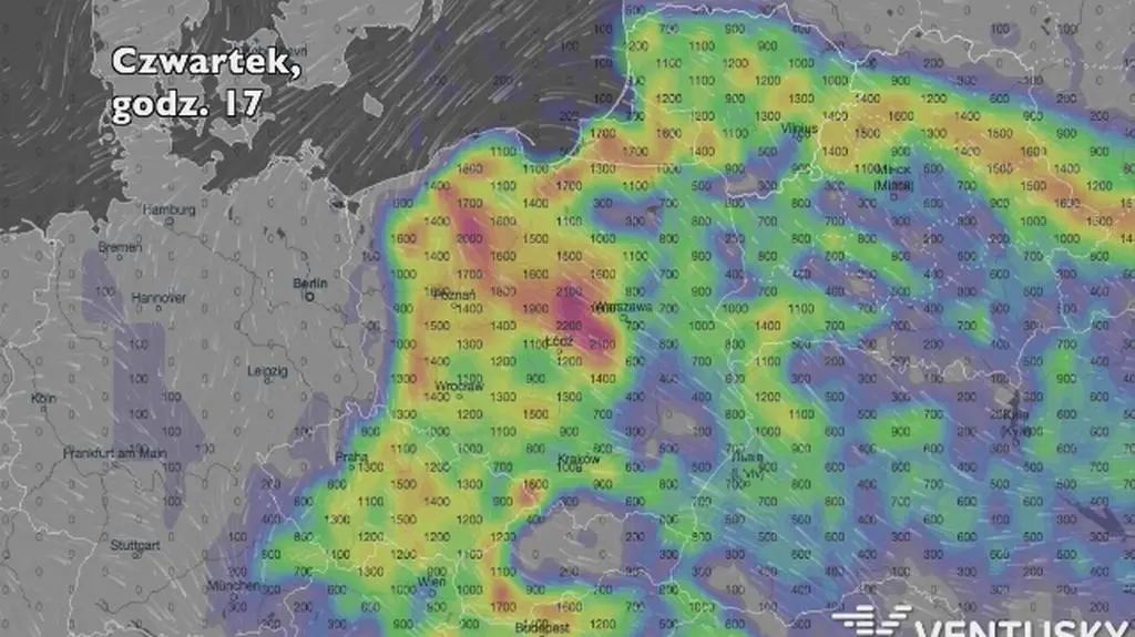 Rozwój burz w ciągu w ciągu pięciu dni (Ventusky