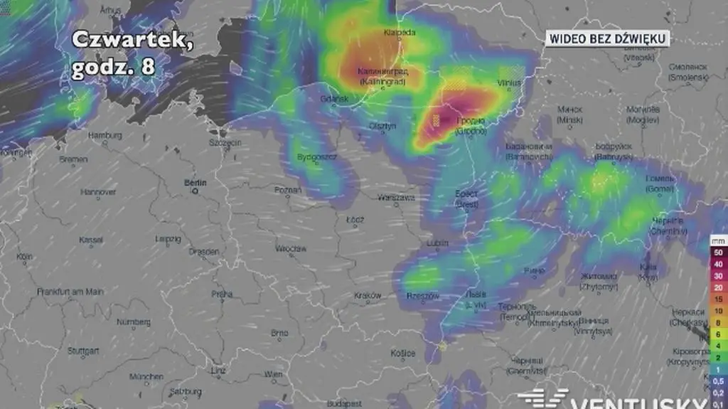 Opady deszczu w ciągu najbliższych pięciu dni (Ventusky