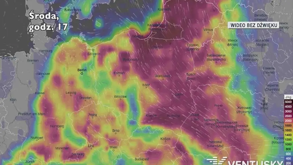 Potencjalny rozwój burz w ciągu pięciu dniu (Ventusky