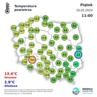 Temperatura powietrza w Polsce w piątek 16.02, godz. 11