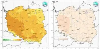 Przestrzenny rozkład temperatury powietrza (po lewej) i przestrzenny rozkład anomalii średniej temperatury (po prawej) w 2022 roku