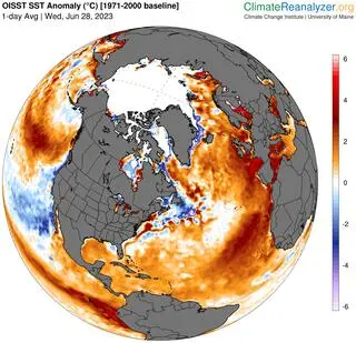 Odchylenie temperatury Oceanu Atlantyckiego od średniej wieloletniej z lat 1971-2000