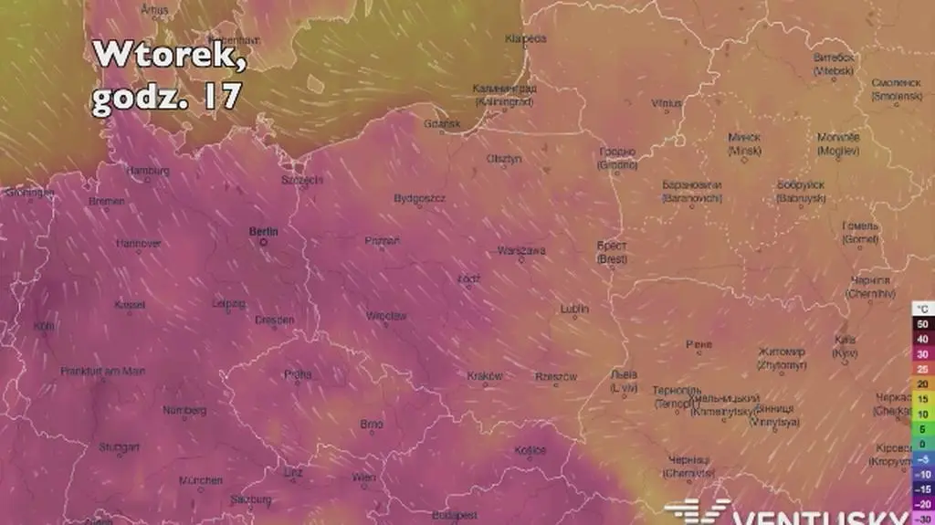 Temperatura w ciągu najbliższych pięciu dni (Ventusky