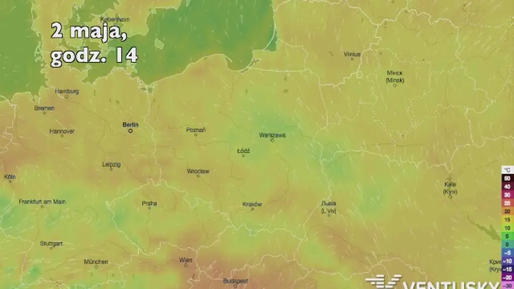 Temperatura w pierwszych dniach majowego weekendu (Ventusky