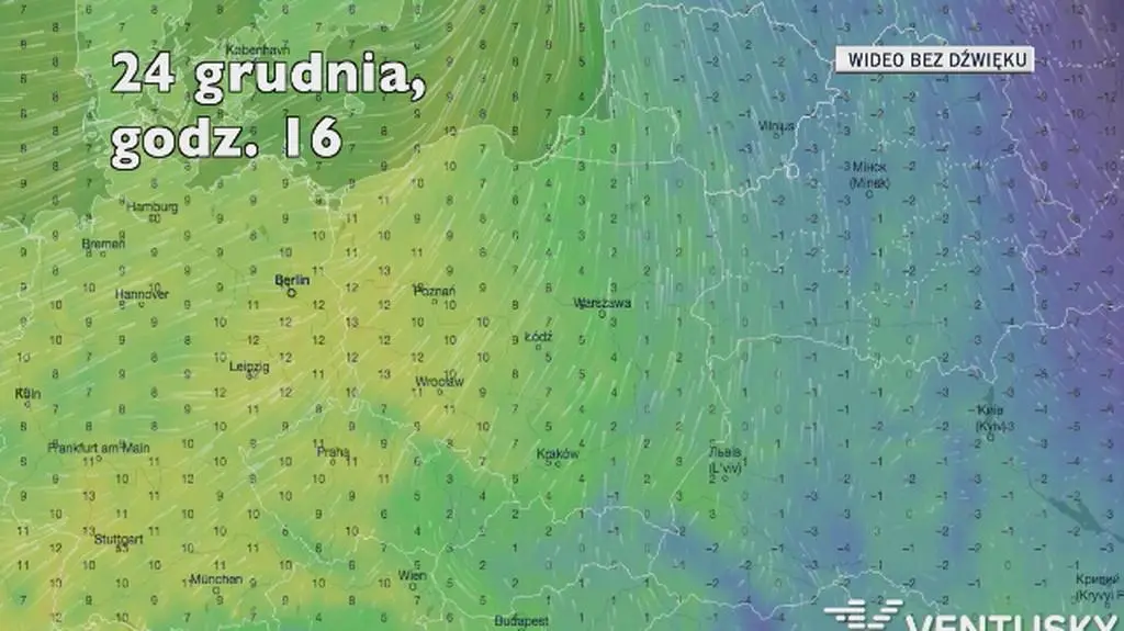 Prognozowana temperatura w okresie świątecznym (Ventusky