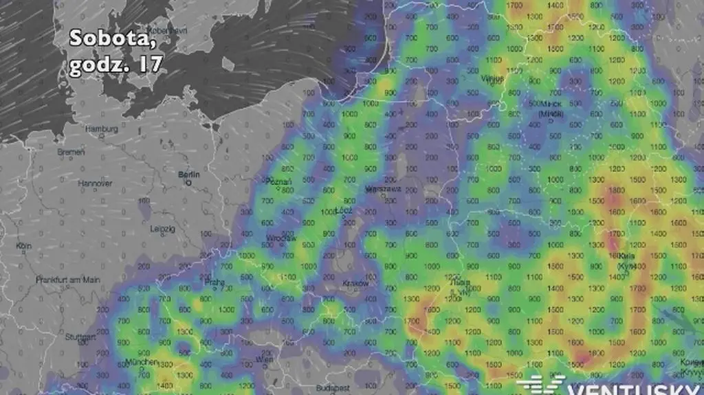 Potencjalny rozwój burz w ciągu najbliższych dni (Ventusky