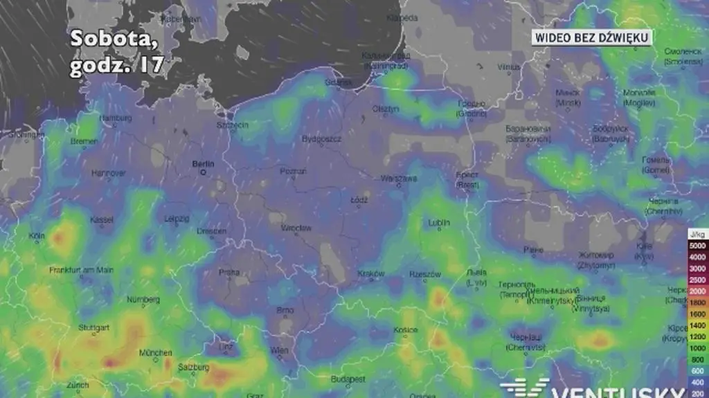 Potencjalny rozwój burz w ciągu najbliższych pięciu dni (Ventusky