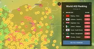 Sytuacja smogowa w Polsce i ranking miast z najgorszą jakością powietrza na świecie według portalu IQAir.com w niedzielę o godzinie 21.39