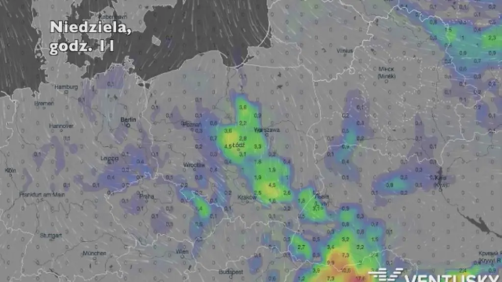 Opady w ciągu najbliższych siedmiu dni (Ventusky