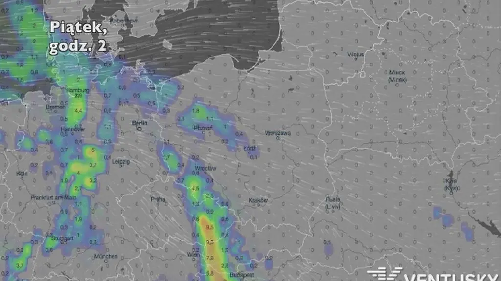 Opady deszczu w najbliższych dniach (Ventusky